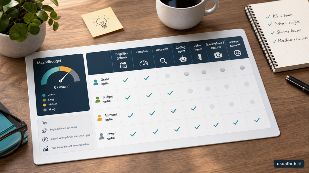 Beslismatrix voor AI-coding tools met budget, gebruik, limieten, research, agent, voice input en browser-handoff.